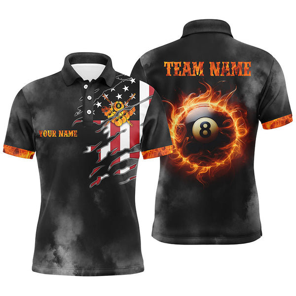 Maxcorners Personalized Flaming 8 Ball Pool Billiard Polo Shirts For Men Custom Us Flag For Billiard Lover