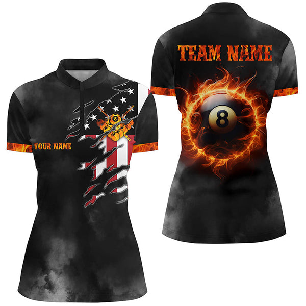 Maxcorners Personalized Flaming 8 Ball Pool Billiard Polo Shirts For Women Custom Us Flag For Billiard Lover