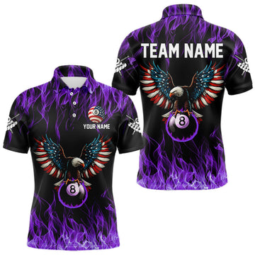 Maxcorners Purple Flaming American Flag Eagle 8 Ball Billiard Shirt For Men Custom Patriotic Pool Team Jersey