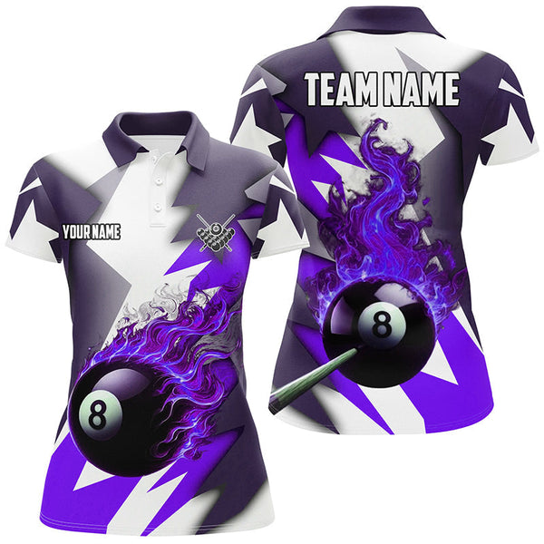 Maxcorners Personalized Purple Flaming 8 Ball Pool Jerseys Polo Shirts, Best Team League Billiard Shirts For Men And Women