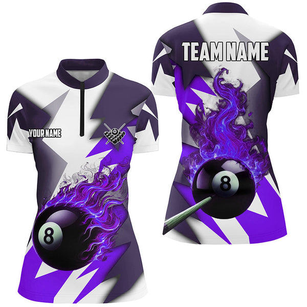 Maxcorners Personalized Purple Flaming 8 Ball Pool Jerseys Polo Shirts, Best Team League Billiard Shirts For Men And Women