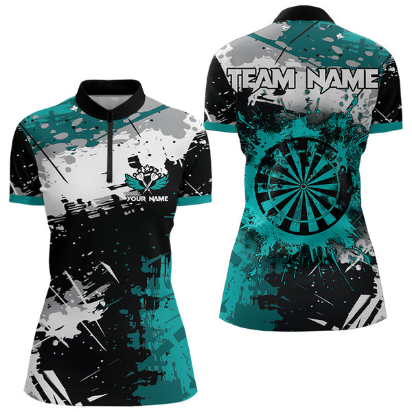 Maxcorners Grunge Turquoise Paint Splash Dart Polo & Quarter Zip Custom Dart Shirts For Men Darts Jerseys