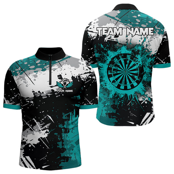 Maxcorners Grunge Turquoise Paint Splash Dart Polo & Quarter Zip Custom Dart Shirts For Men Darts Jerseys