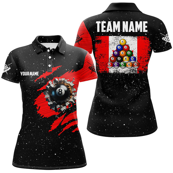 MaxCorners Billiard Grunge Canada Flag 8 Ball Customized Name, Team Name 3D Polo Shirt For Women