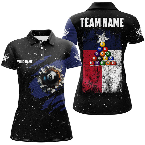 MaxCorners Billiard Grunge Texas Flag 8 Ball Pool Customized Name, Team Name 3D Polo Shirt For Women