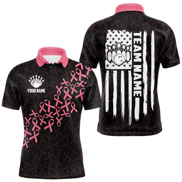 Maxcorners Pink Ribbon American Flag Bowling Shirt for Men, Custom Breast Cancer Awareness Bowling Team Jersey