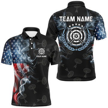 Maxcorners Personalized Smoke Usa Flag Archery Polo & 1/4 Zip Shirts For Men, Patriotic Archery Team Jerseys