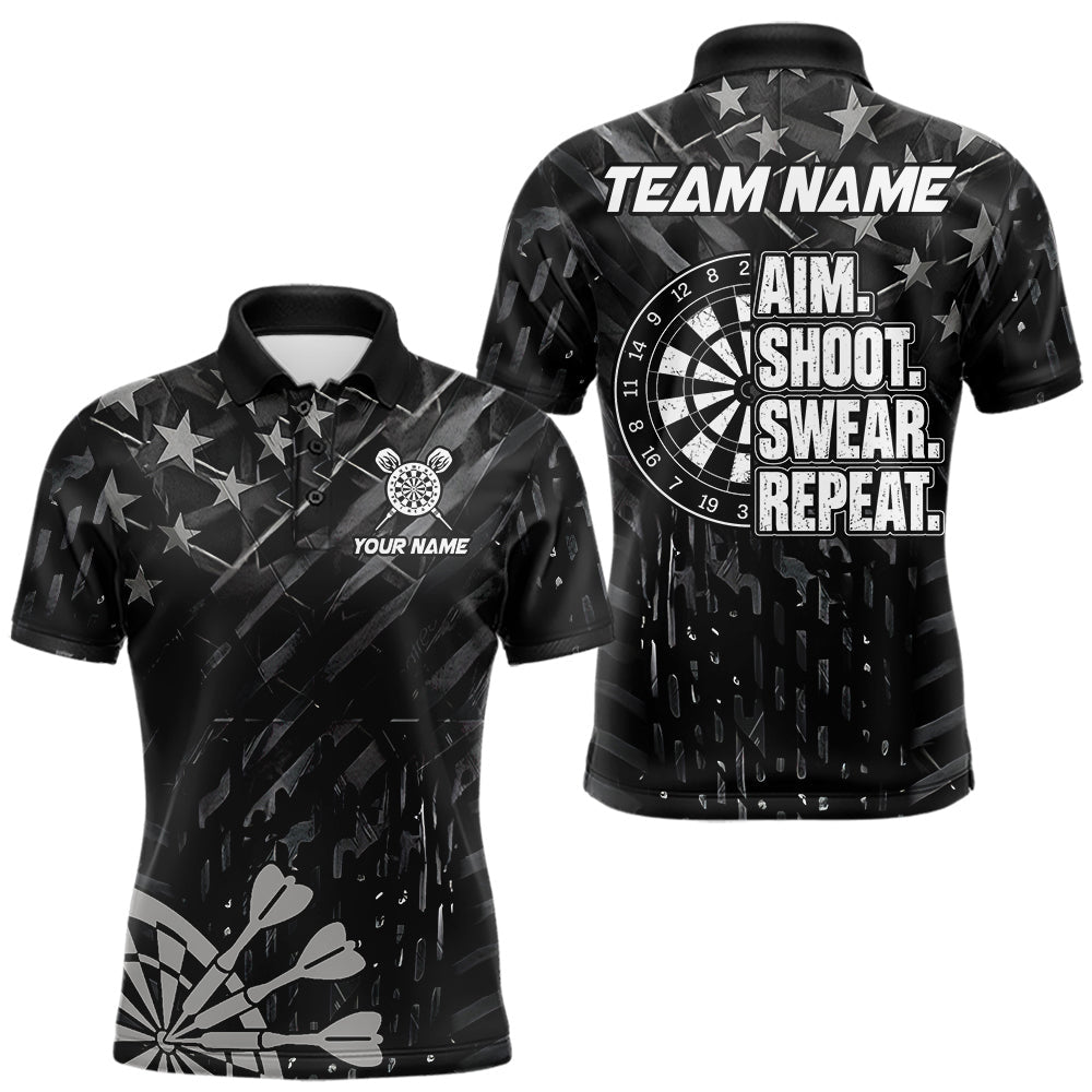 Maxcorners Black US Flag Aim Shoot Swear Repeat Darts Shirts For Men Custom Darts Team Jersey Polo & 1/4 Zip
