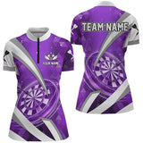 Maxcorners Personalized Purple Jersey Dartboard 3D Women Darts Polo & Quarter Zip Custom Team League Dart Shirts