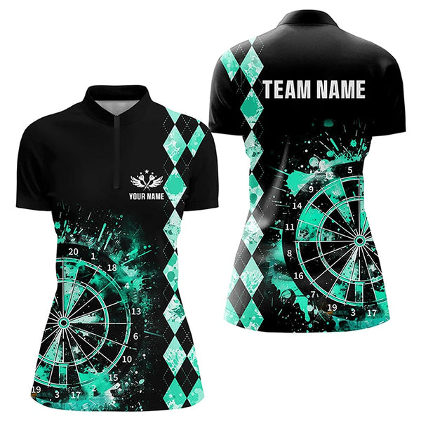 Maxcorners Custom Turquoise Grunge Dartboard Argyle Pattern Dart Shirts For Women, Best Darts Team Jerseys