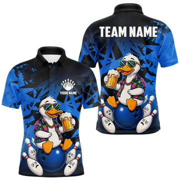 Maxcorners Personalized Blue Funny Duck Beer Bowling Jersey For Men Bowling Team Shirt, Gift For Bowlers LM0409