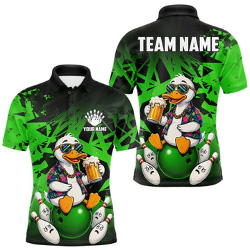 Maxcorners Personalized Green Funny Duck Beer Bowling Jersey For Men Bowling Team Shirt, Gift For Bowlers LM0409
