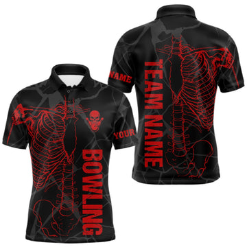 Maxcorners Black And Red Funny Skeleton Bowling Shirts For Men Custom Skull Bowling League Team Jersey LM0409