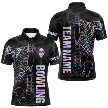 Maxcorners Black And Holographic Funny Skeleton Bowling Shirts For Men Custom Skull Bowling Team Jersey LM0409