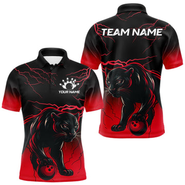 Maxcorners Black And Red Thunder Lightning Panther Bowling Team Shirts For Men Custom Bowling League Jersey LM0409