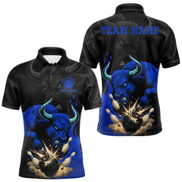 Maxcorners Black And Blue Funny Bull Bowling Shirt For Men Custom Bowling Team Jersey Polo & Quarter Zip LM0409