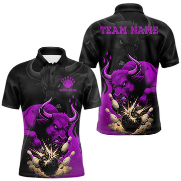 Maxcorners Black And Purple Funny Bull Bowling Shirt For Men Custom Bowling Team Jersey Polo & Quarter Zip LM0409