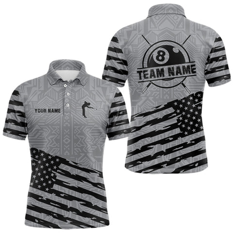 Maxcorners Personalized Grey US Flag 8 Ball Billiard Shirt For Men Custom Billiard Team Shirt, Pool Jerseys LM0210