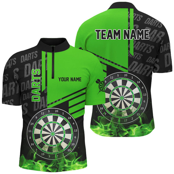 Maxcorners Black And Green Fire Darts Shirts For Men Custom Darts League Team Jerseys Darts Polo & 1/4 Zip