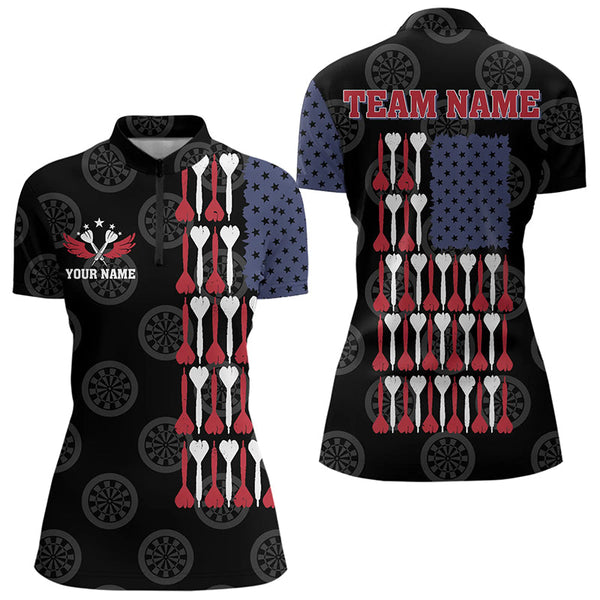 Maxcorners American Flag Black Darts Polo & Quarter Zip Shirt Custom Women Dart Shirts Patriotic Dart Jerseys