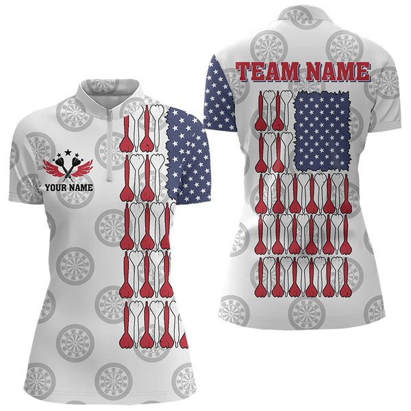 Maxcorners American Flag White Darts Polo & Quarter Zip Shirt Custom Women Dart Shirts Patriotic Dart Jerseys