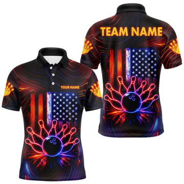 Maxcorners Custom Neon American Flag Bowling Shirt For Men, Patriotic Bowling Team Jersey Polo & 1/4 Zip LM2603