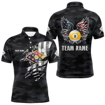 Maxcorners Personalized Camouflage US Flag Billiard Shirt For Men, Funny Patriotic 9 Ball Wings Pool Jersey LM2707