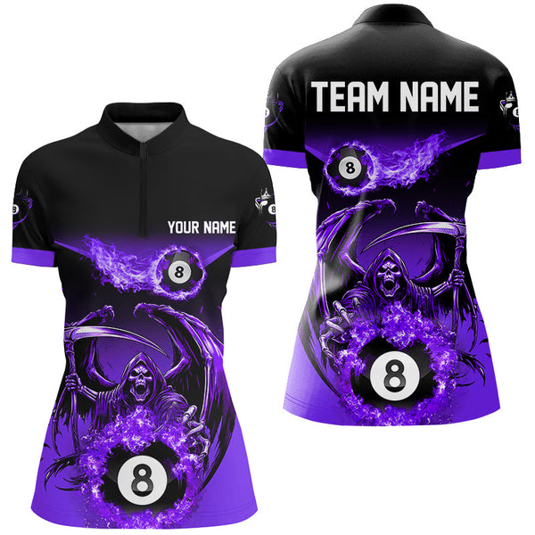 Maxcorners Purrple Death Skeleton Flame 8 Ball Pool Billiard Shirts Custom Billiard League Team Jerseys