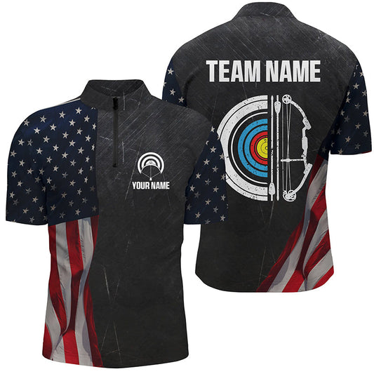Maxcorners Personalized Retro Us Flag Archery Polo Shirts For Men Custom Patriotic Archery Jersey For Archer