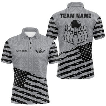 Maxcorners Personalized American Flag Grey Bowling Shirt For Men Custom Bowling Team Jersey Polo & Quarter Zip