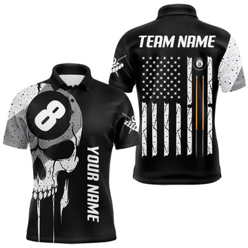 Maxcorners Personalized 8 Ball Skull Billiard Shirt For Men, American Flag Pool Team Jersey Polo & 1/4 Zip