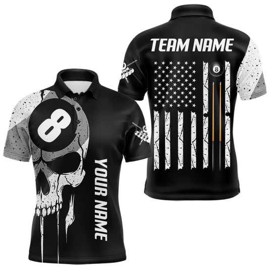 Maxcorners Personalized 8 Ball Skull Billiard Shirt For Men, American Flag Pool Team Jersey Polo & 1/4 Zip