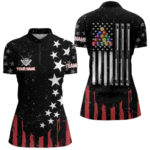 Maxcorners Black Grunge American Flag Billiard Shirt For Men Custom Patriotic Billiard Pool Jersey