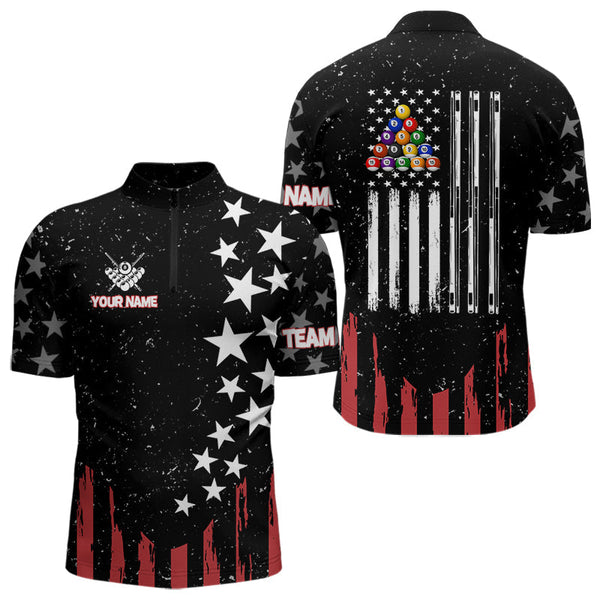 Maxcorners Black Grunge American Flag Billiard Shirt For Men Custom Patriotic Billiard Pool Jersey