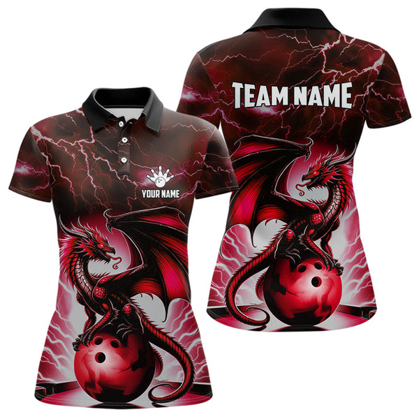 Maxcorners Red Thunder Lightning Custom Dragon Bowling Shirts For Men, Bowling Team Jerseys Polo & 1/4 Zip