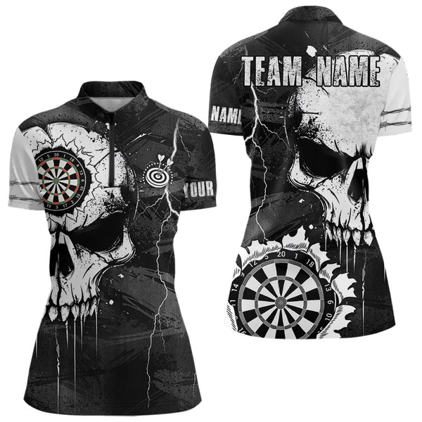 Maxcorners Darts Custom Black And White Grunge Skull Dart Shirts For Men | Team Darts Jerseys - Polo & Quarter Zip