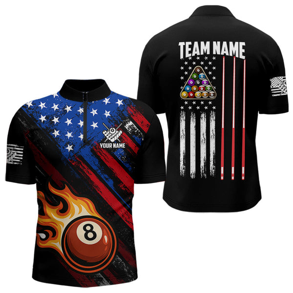 Maxcorners Funny Flame 8 Ball Billiard Shirts For Men Custom Patriotic American Flag Pool Team Jerseys MT1006