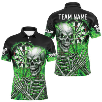 Maxcorners Green Flaming Lightning Skeleton Darts Shirt For Men Custom Skull Dart Jersey Team Polo & 1/4 Zip LM1903