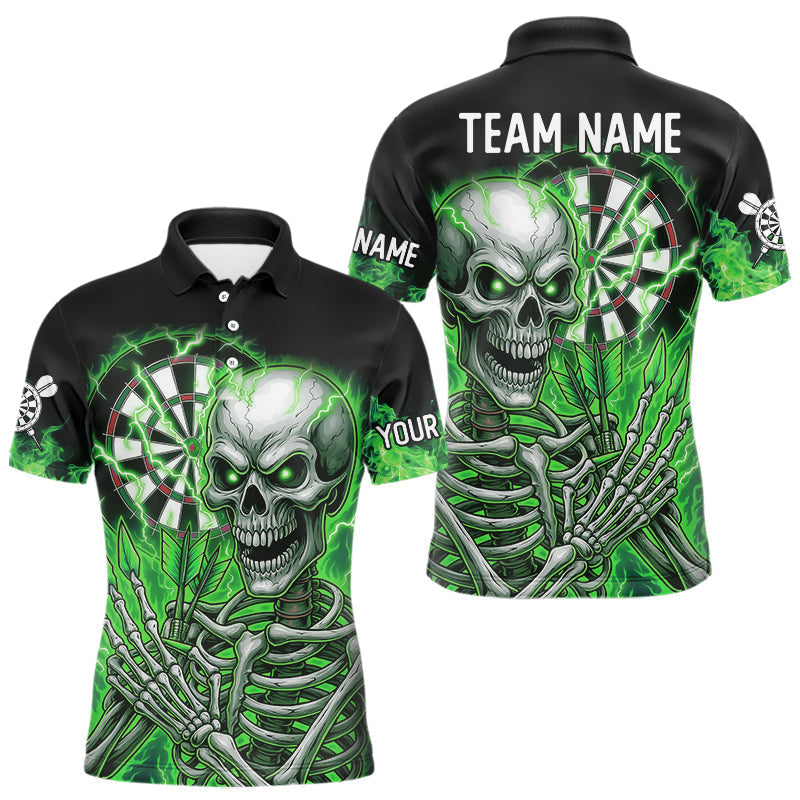 Maxcorners Green Flaming Lightning Skeleton Darts Shirt For Men Custom Skull Dart Jersey Team Polo & 1/4 Zip TU0309