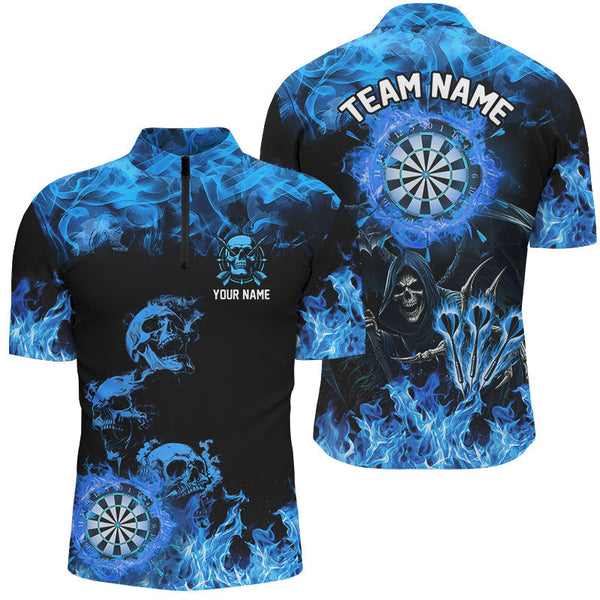 Maxcorners Fire Flame Darts Board Custom Skull Dart Shirts For Men, Death Skeleton Scary Dart Jerseys | Blue