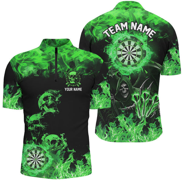 Maxcorners Fire Flame Darts Board Custom Skull Dart Shirts For Men, Death Skeleton Scary Dart Jerseys | Green