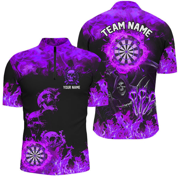 Maxcorners Fire Flame Darts Board Custom Skull Dart Shirts For Men, Death Skeleton Scary Dart Jerseys | Purple