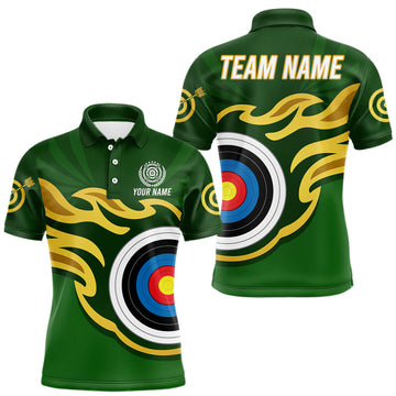 Maxcorners Personalized Green Archery Flame Polo & 1/4 Zip For Men Custom Golden Archery Team Jersey LM0402