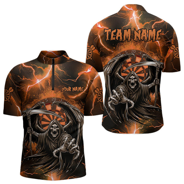Maxcorners Personalized Orange Grim Reaper Custom Thunder Lightning Men Dart Shirts, 3D Darts Team Jerseys