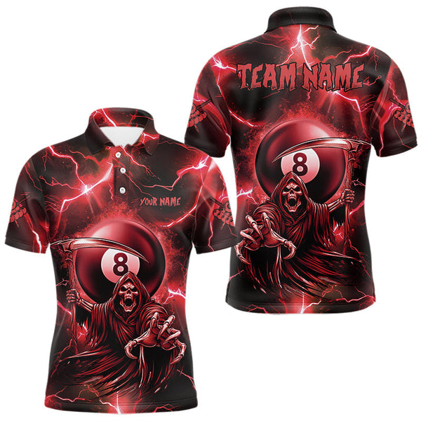 Maxcorners Red Grim Reaper 8 Ball Billiard Shirt For Men Custom Funny Thunder Lightning Pool Team Jersey MT0410