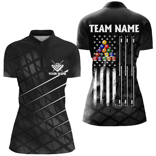 Maxcorners Personalized Black Grunge American Flag Women Billiard Shirts Custom Patriotic Pool Player Jerseys