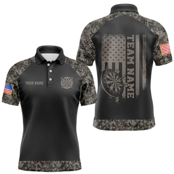 Maxcorners Personalized Retro Camo US Flag Darts Shirt For Men, Patriotic Darts Team Jersey Polo & 1/4 Zip