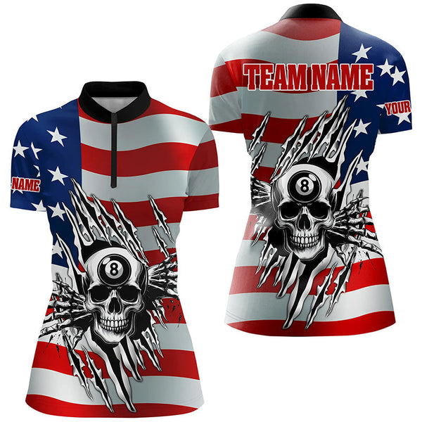 MaxCorners Billiard Skull American Flag Customized Name, Team Name 3D Polo Shirt For Women