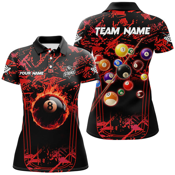 MaxCorners Billiard Red Grunge Strike 8 Ball Pool Fire Custom Women Polo & Quarter-Zi Customized Name, Team Name 3D Polo Shirt For Women