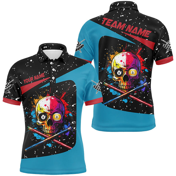 Maxcorners Personalized Colorful Skull 8 Ball 9 Ball Billiard Shirts For Men Custom Grunge Billiard Jerseys